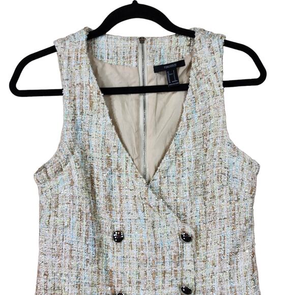 Forever 21 Tweed Sheath Dress S Women Tank Double Breast Cream Aqua Blue Sequins - Picture 7 of 11